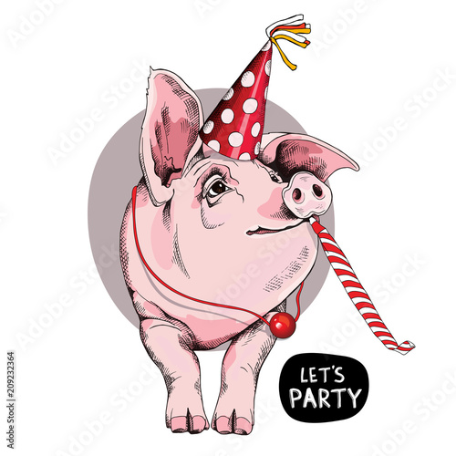 Pig in a Party cap and with a red funny whistle blowing. Vector illustration.