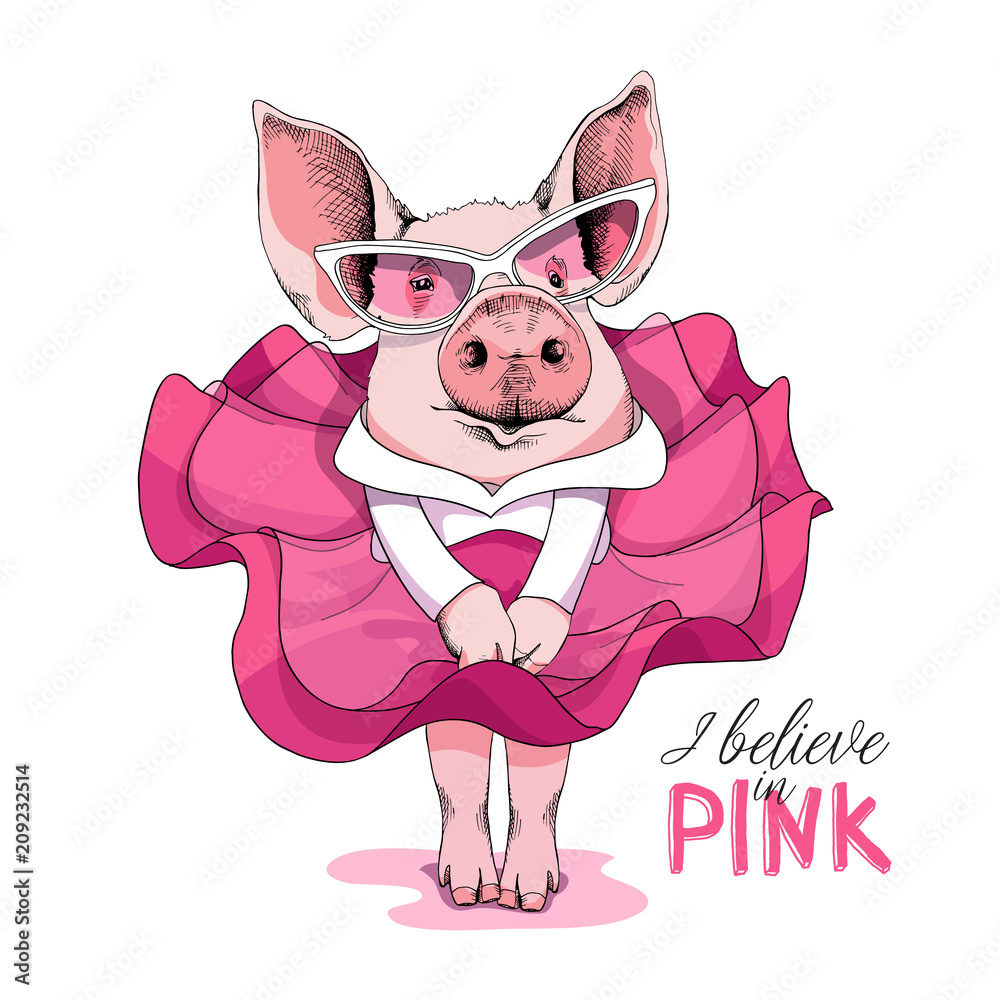 Pig in a pink dress and in a sunglasses posing like a Superstar. Vector  illustration. Stock Vector | Adobe Stock