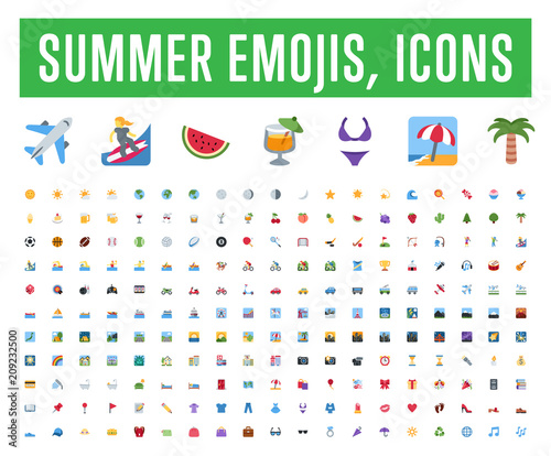 All type of summer travel icons, symbols, emojis vector illustration beach, surfing, activities, fruits, foods, drinks emoticons set, collection pack