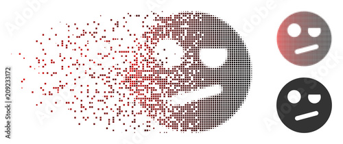 Vector negation smiley icon in dispersed, pixelated halftone and undamaged entire variants. Disintegration effect uses rectangular particles and horizontal gradient from red to black.