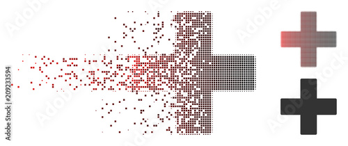 Vector plus icon in dissolved, pixelated halftone and undamaged solid variants. Disintegration effect uses rectangle dots and horizontal gradient from red to black.