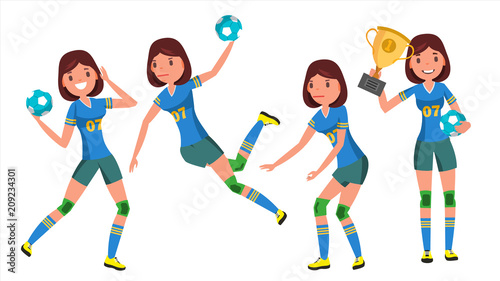 Handball Young Woman Player Vector. Girl Athlete. Throws Ball In Jump. Attack Figure. Flat Cartoon Illustration