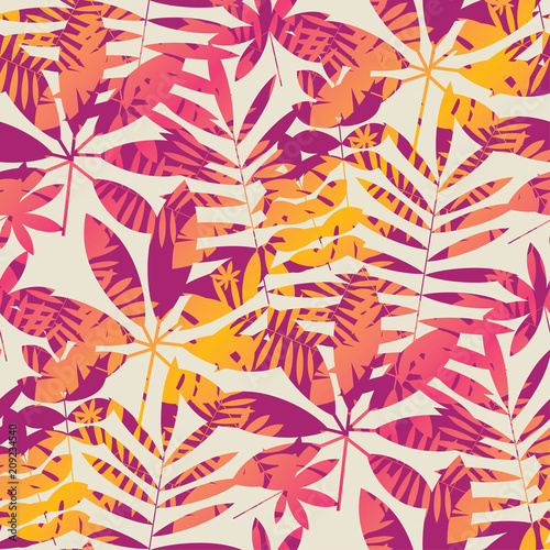 Cool vivid bright color tropical leaves seamless pattern