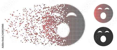 Vector sleepy smiley icon in dissolved, dotted halftone and undamaged whole variants. Disintegration effect uses rectangle scintillas and horizontal gradient from red to black. photo