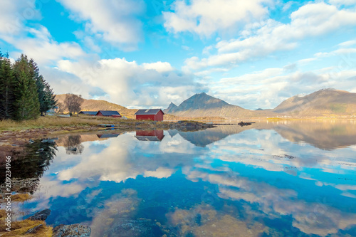 Norwegian red houses in fishing village, Norway