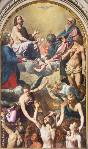 MODENA, ITALY - APRIL 14, 2018: The painting of the holy Trinity, Virgin Mary, St. Sebastinan and the souls in purgatory in church Chiesa di Santa Maria della Pomposa by Giovanni Boulanger (1659).