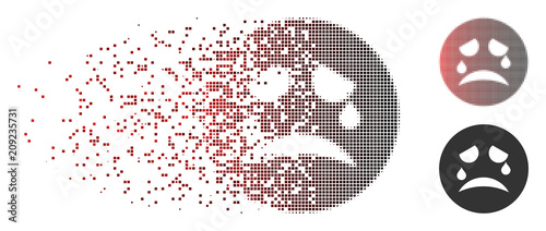 Vector tiers smiley icon in dissolved, dotted halftone and undamaged solid variants. Disintegration effect uses rectangle particles and horizontal gradient from red to black.