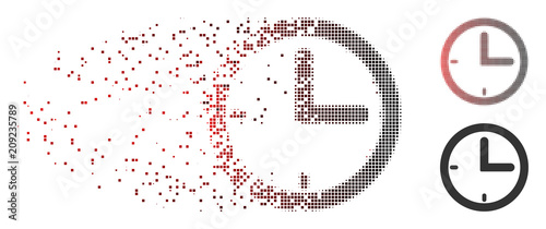 Vector time icon in sparkle, pixelated halftone and undamaged whole versions. Disintegration effect involves rectangle dots and horizontal gradient from red to black.