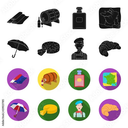 Umbrella, traditional, cheese, mime .France country set collection icons in black,flet style vector symbol stock illustration web.