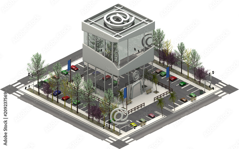 Obraz premium Isometric city buildings, parking lot with IT computer company. 3D rendering