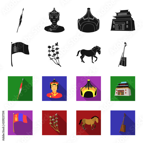 National flag, horse, musical instrument, steppe plant. Mongolia set collection icons in black,flet style vector symbol stock illustration web.