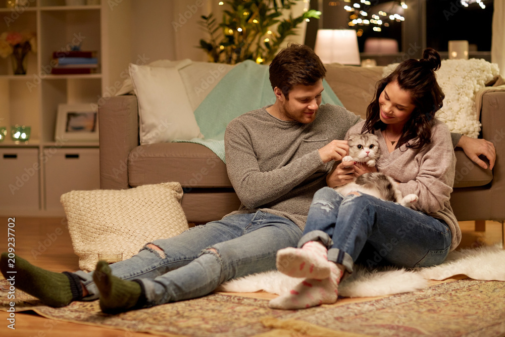 pets, hygge and people concept - happy couple with cat at home pets, hygge and people concept - happy couple with cat at home