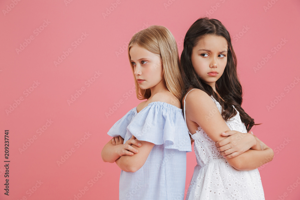 Picture of offended brunette and blonde girls 8-10 years old wearing dresses standing back to back with arms crossed and expressing argument, isolated over pink background Picture of offended brunette and blonde girls 8-10 years old wearing dresses standing back to back with arms crossed and expressing argument, isolated over pink background
