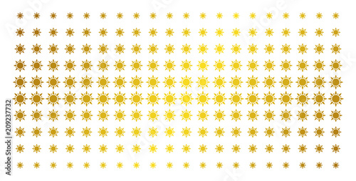 Sun icon gold colored halftone pattern. Vector sun symbols are arranged into halftone matrix with inclined golden gradient. Constructed for backgrounds, covers, templates and bright effects.