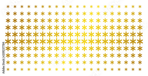 Snowflake icon gold halftone pattern. Vector snowflake pictograms are arranged into halftone matrix with inclined gold gradient. Constructed for backgrounds, covers, templates and abstract effects.