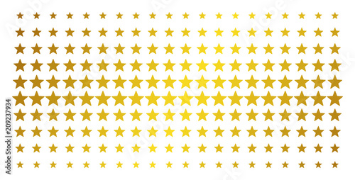 Fireworks star icon gold colored halftone pattern. Vector fireworks star pictograms are arranged into halftone array with inclined gold color gradient. Constructed for backgrounds, covers,