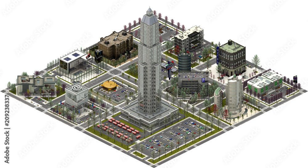 Isometric city buildings, modern cityscape. 3D rendering Isometric city buildings, modern cityscape. 3D rendering