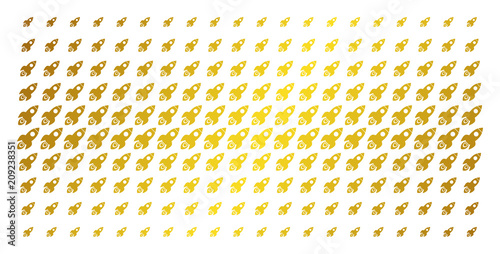 Space rocket icon golden halftone pattern. Vector space rocket symbols are arranged into halftone matrix with inclined gold gradient. Constructed for backgrounds, covers,