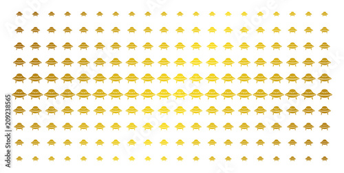 Space ship icon golden halftone pattern. Vector space ship shapes are organized into halftone grid with inclined gold gradient. Constructed for backgrounds, covers, templates and beautiful concepts.
