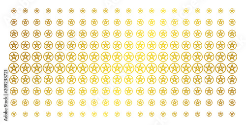 Star pentacle icon golden halftone pattern. Vector star pentacle symbols are arranged into halftone array with inclined gold gradient. Constructed for backgrounds, covers,