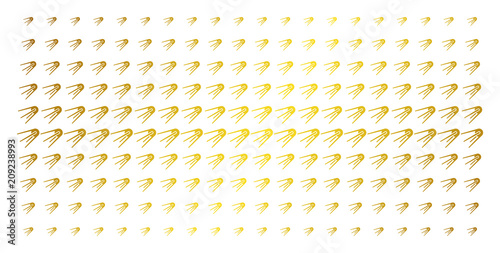 First satellite icon gold colored halftone pattern. Vector first satellite pictograms are arranged into halftone matrix with inclined gold color gradient. Designed for backgrounds, covers,