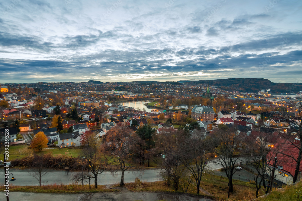 View of the city n Trondhem at sunset. Norway.