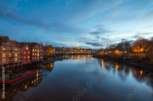 View of the old city n Trondhem at night. Norway.