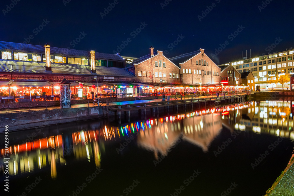 View of the marina and port in Trondhemi at night. Norway. Skyline of city. 