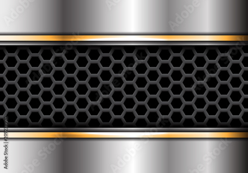 Abstract silver plat golden line overlap on hexagon mesh design modern futuristic background vector illustration.