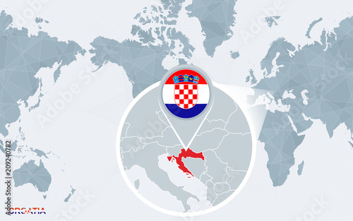 World map centered on America with magnified Croatia.