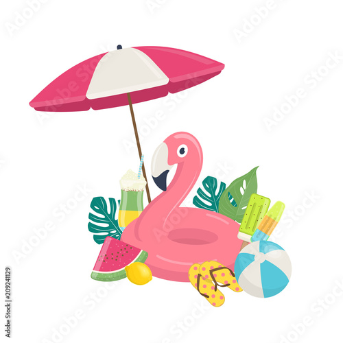 Summer beach template with pink flamingo inflatable pool float, exotic leaves,and beach accessories. Summer beach vacations concept. Vector illustration on white background