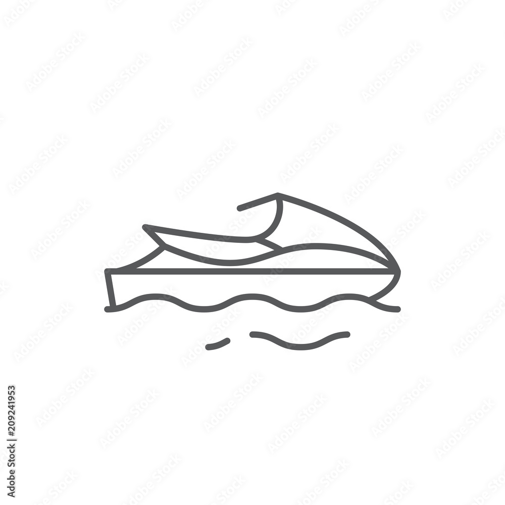 Water scooter in sea on waves editable line icon - transportation equipment for active summer beach vacation.