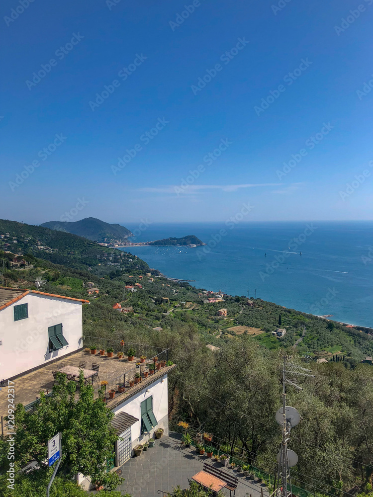 view from Saint Giulie's church of the Gulf of Tigullio, Ligurian sea, Chiavari, Italy