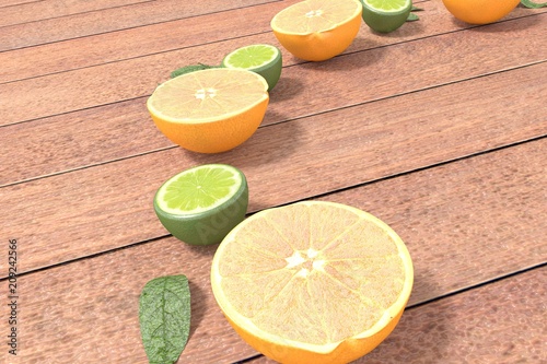 Limes and orange on wood table - n.02 - 3d Rendering