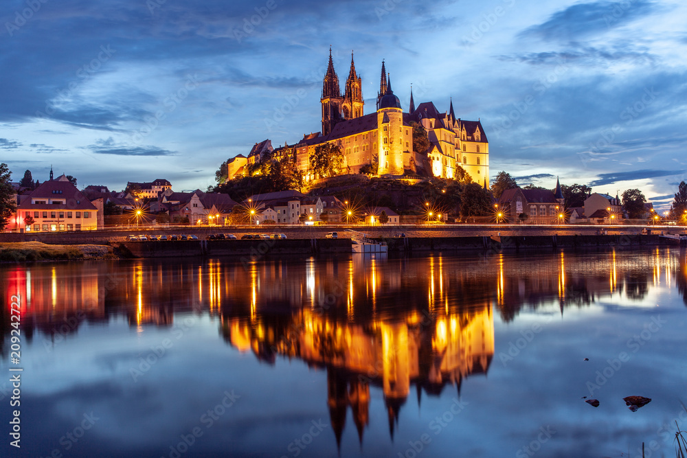Albrechtsburg and Meissen city skyline on the river Elbe at night Germany