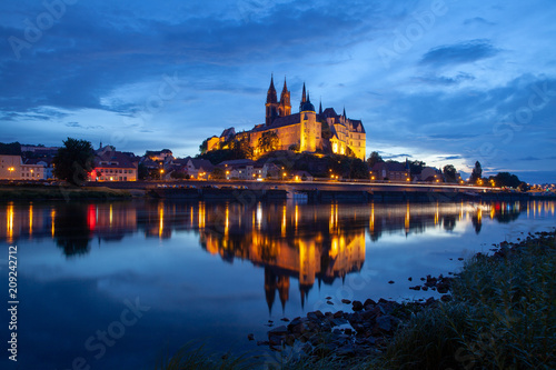 Albrechtsburg and Meissen city skyline on the river Elbe at night Germany