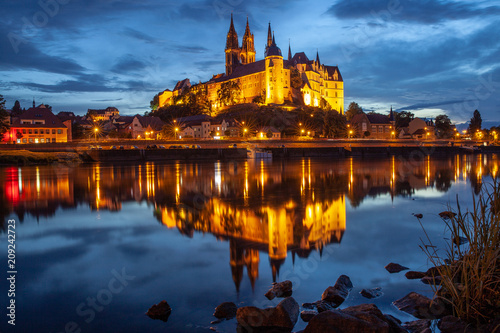 Albrechtsburg and Meissen city skyline on the river Elbe at night Germany