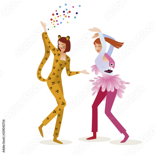 Two young women in carnival costumes. Jungle Masquerade. Panther, flamingo. Vector design for posters, banners, cards and invitations.