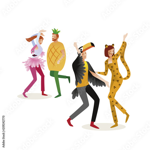 Group of people in carnival costumes. Jungle masquerade. Panter, flamingo, pineapple, toucan. Vector design for posters, banners, cards and invitations.
