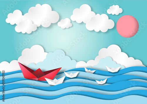 Leadership concept with paper art, origami, ocean or sea view and blue sky paper craft style vector