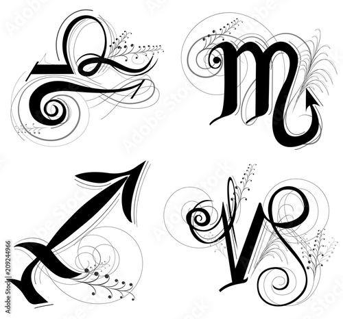 Letter Horoscope or zodiac symbol are Libra Scorpio Sagittarius and Capricorn design classic