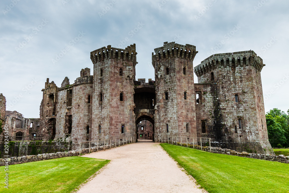 Main entrance to the ruins of medieval Raglan Castle in Wales