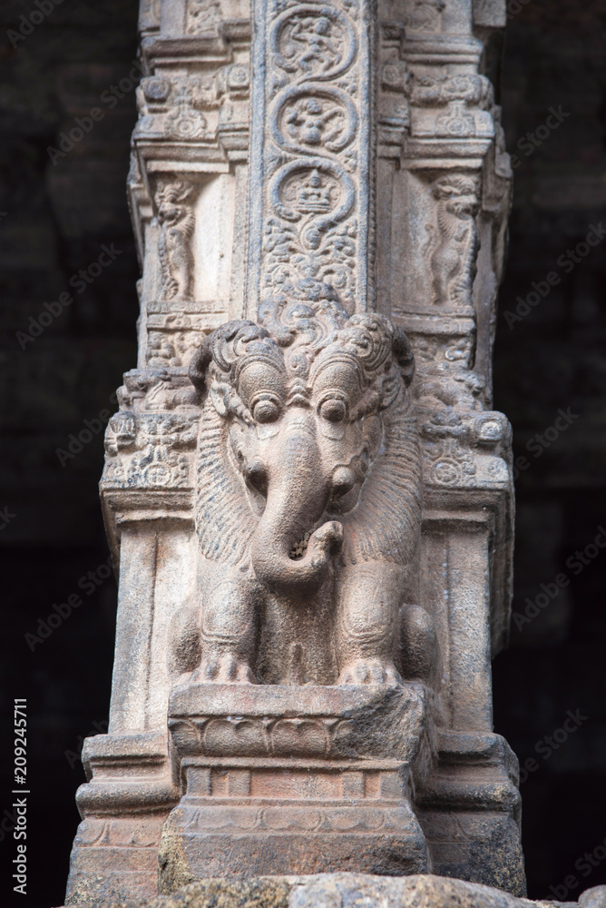 Yali pillar. Part lion and part elephant. Airavatesvara Temple, UNESCO World Heritage Site