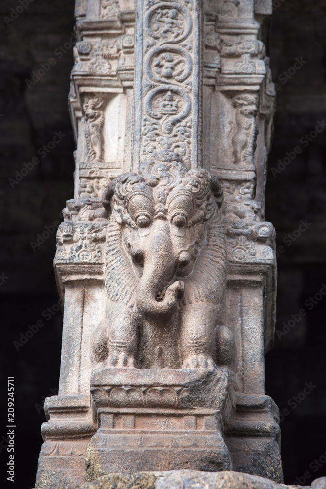 Yali pillar. Part lion and part elephant. Airavatesvara Temple, UNESCO World Heritage Site, Darasuram, Tamil Nadu, India
