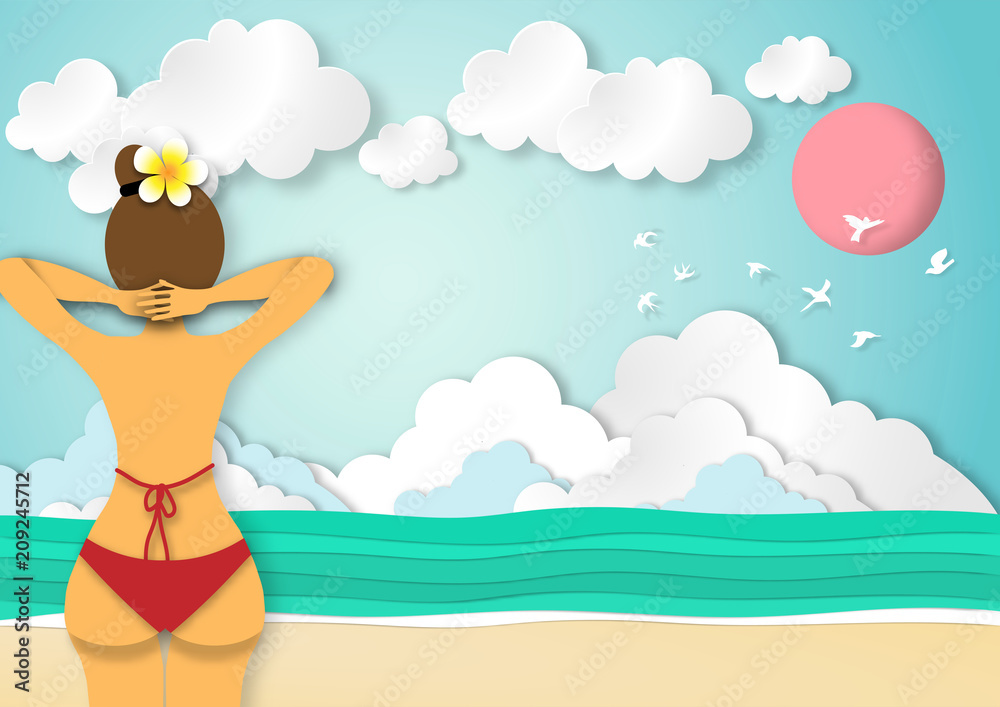 Paper art summer background with beautiful beach, sexy lady, red bikini in paper cut style vector 01
