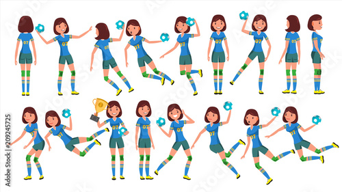 Handball Female Player Vector. In Action. Sport Event. Energy, Aggression. Cartoon Character Illustration