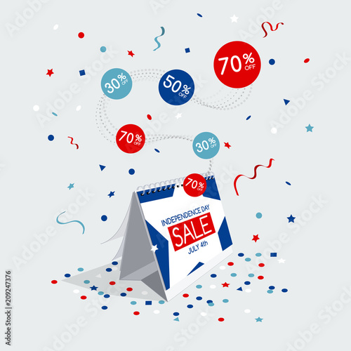 Special independence day sale symbol with calendar and flying confetti isolated on light background. Easy to use for your design with transparent shadows.