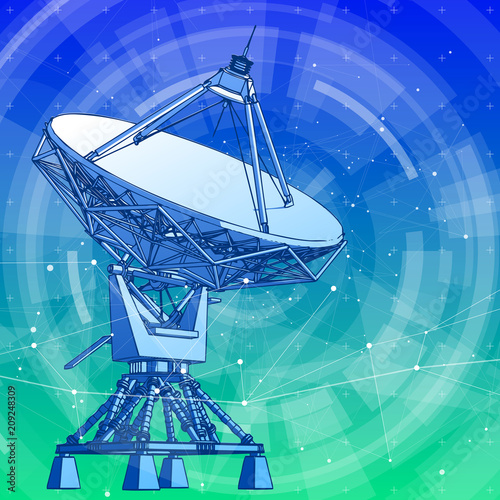 Satellite Dishes Antenna - doppler radar, digital wave and blue technology background - abstract illustration of science, astronomy, information technology, network solutions  and digital technologies