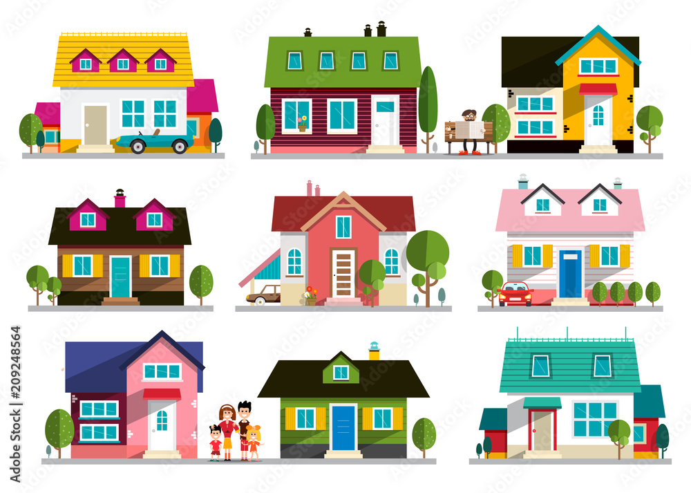 Family House Icon. Home Symbol. Buildings Set Isolated on White Background.