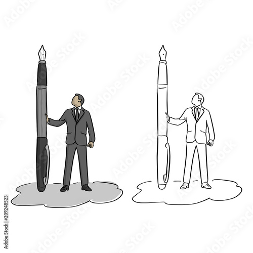 businessman holding big fountain pen vector illustration sketch doodle hand drawn with black lines isolated on white background